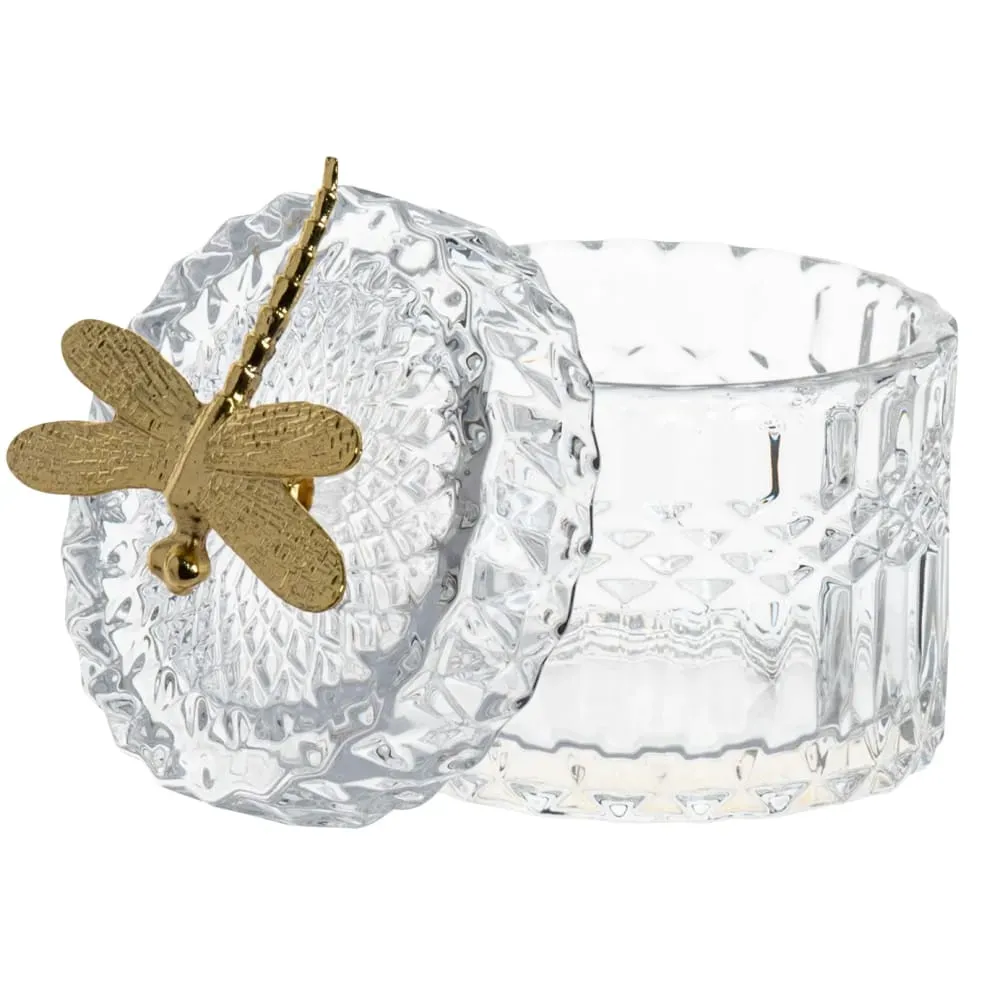 Illustration numéro 2 du produit Bonbonnière en verre transparent et libellule dorée