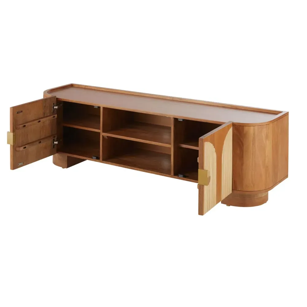 Illustration numéro 2 du produit Meuble TV 2 portes en bois de manguier massif, rotin et métal coloris laiton