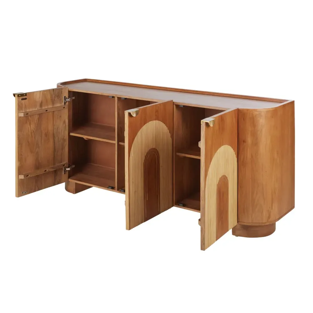 Illustration numéro 2 du produit Buffet 3 portes en bois de manguier massif, rotin et métal coloris laiton L180