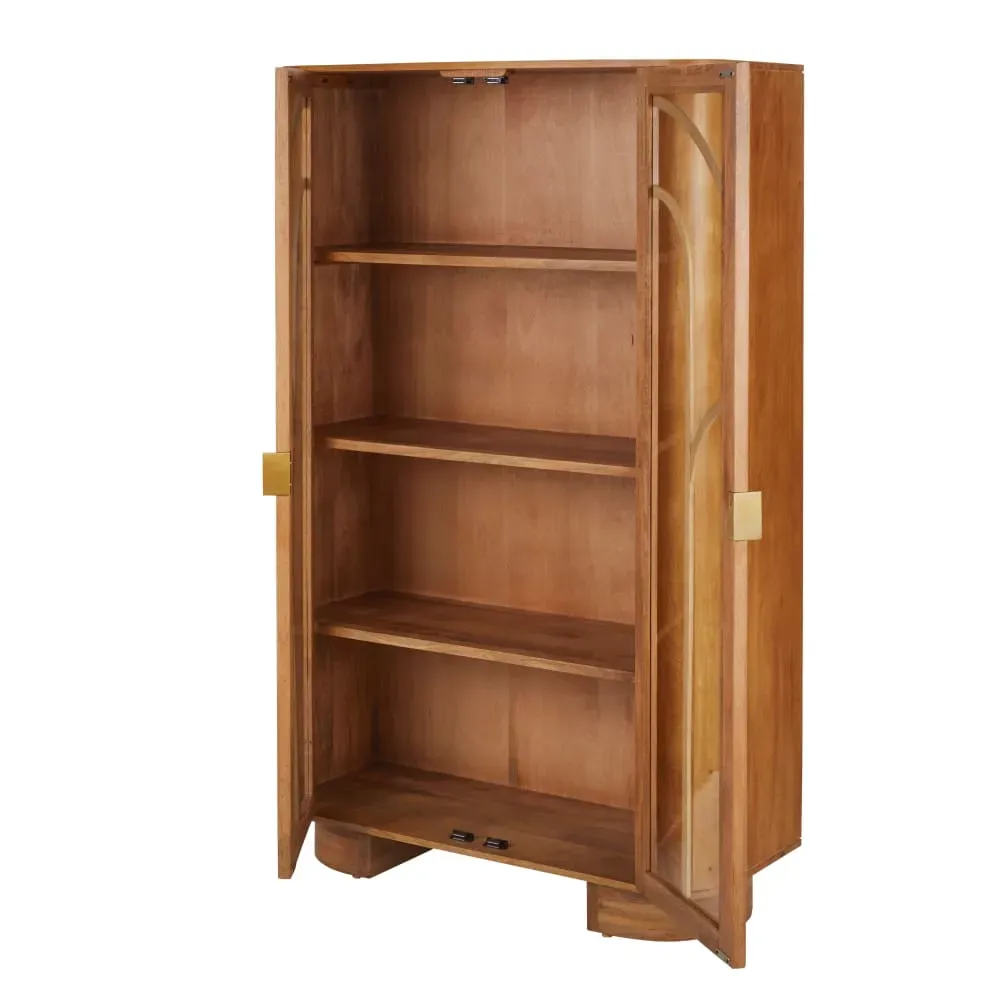 Illustration numéro 2 du produit Vitrine 2 portes en bois de manguier, rotin et métal coloris laiton