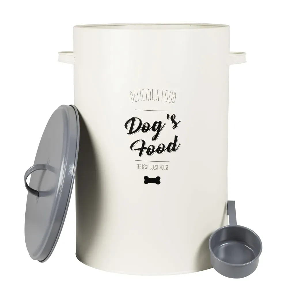 Illustration numéro 2 du produit Boîte à croquettes en métal écru, gris et imprimé noir H50