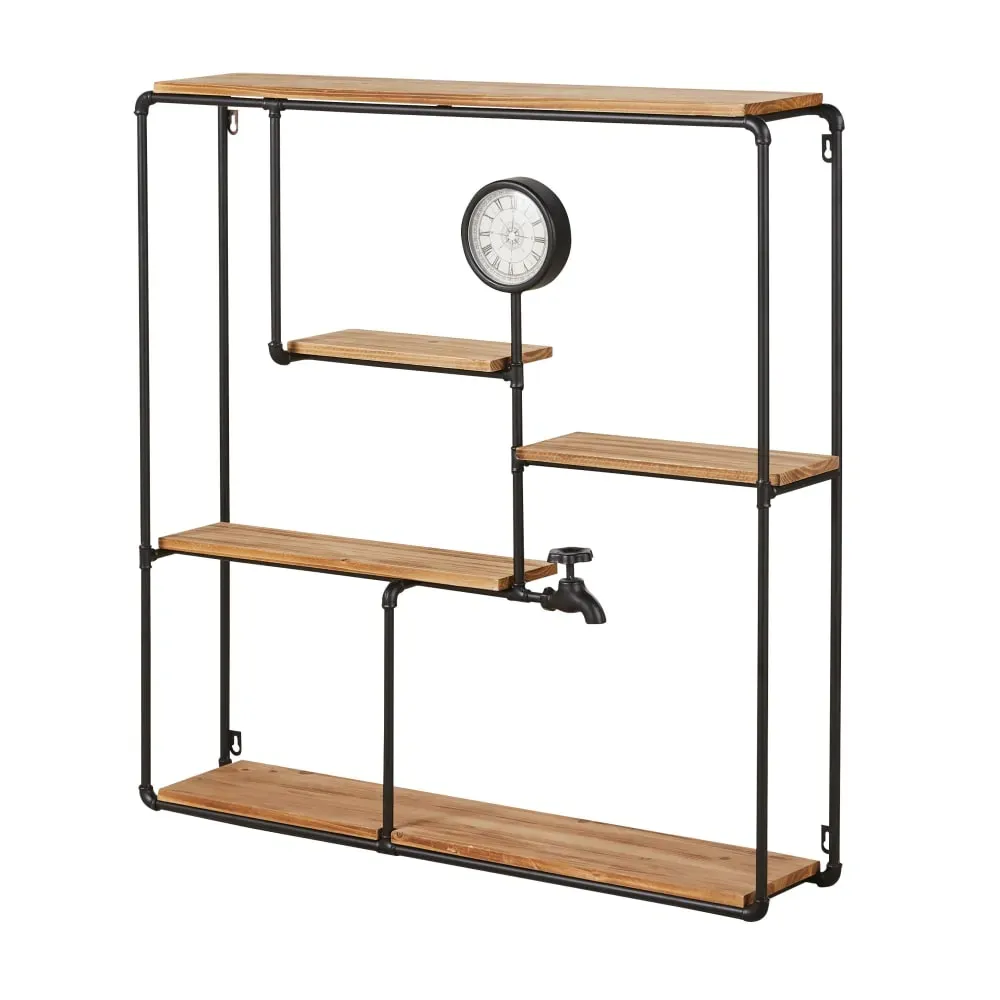 Illustration numéro 2 du produit Etagère en métal noir et bois de pin avec horloge