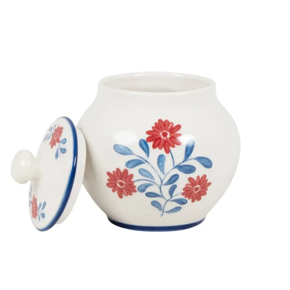 Illustration numéro 2 du produit Pot à sucre en céramique blanche motif floral bleu et rouge