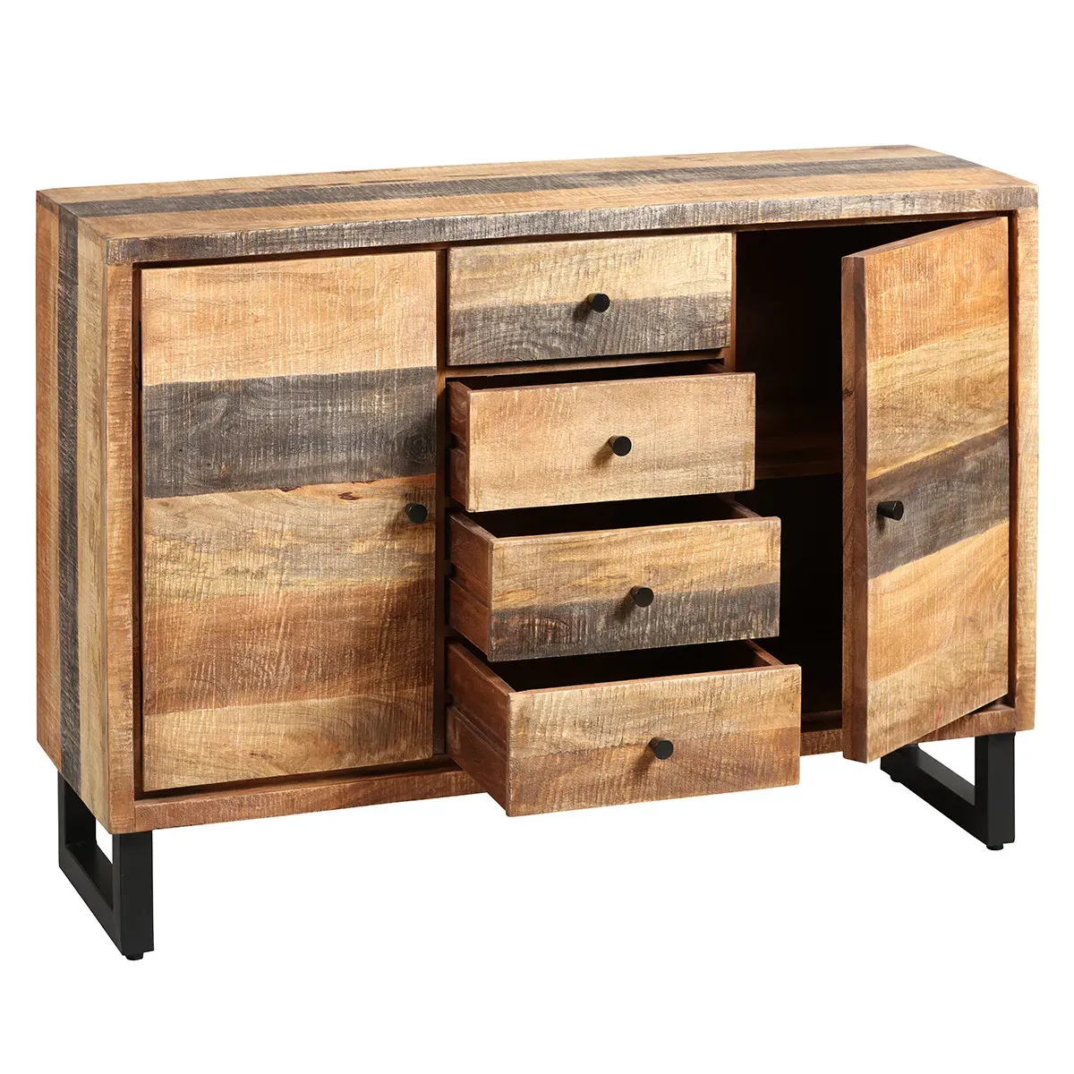 Illustration numéro 2 du produit ODILON - Buffet 2 portes 4 tiroirs en palissandre et métal noir