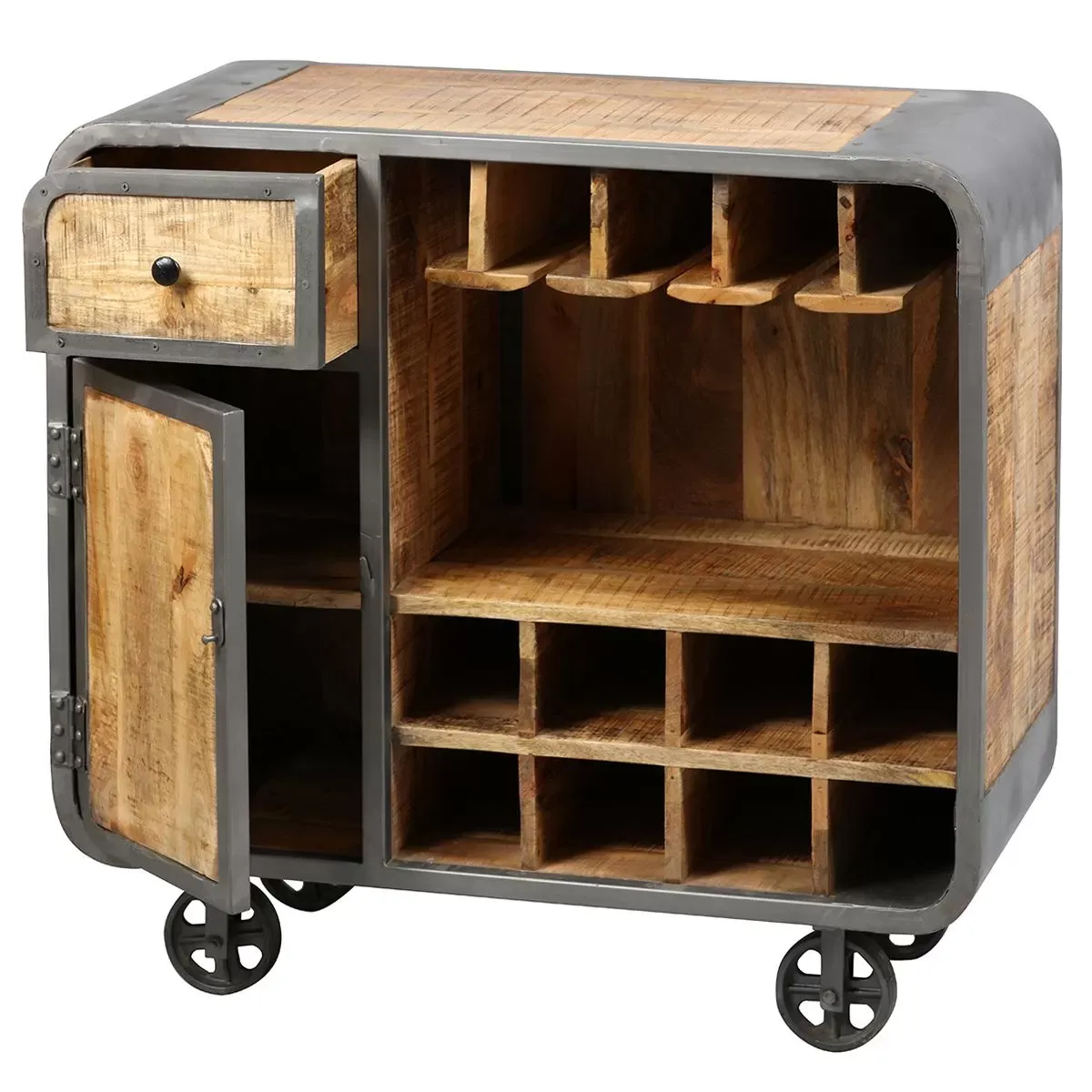 Illustration numéro 2 du produit Buffet de bar sur roulettes en bois massif et métal gris