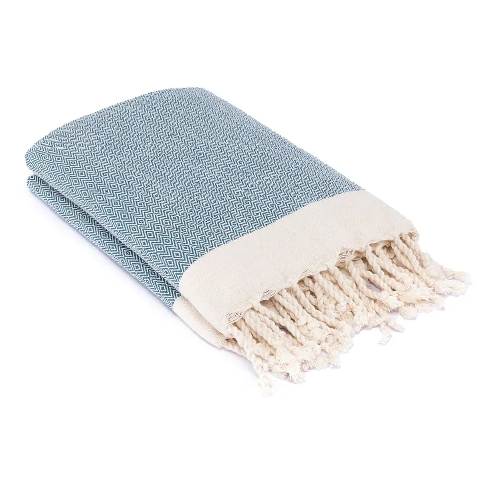 Illustration numéro 2 du produit Plaid coton bleu pétrole & écru 160x250