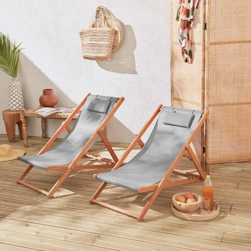 Illustration numéro 2 du produit Lot de 2 transats en eucalyptus et textilène gris taupe