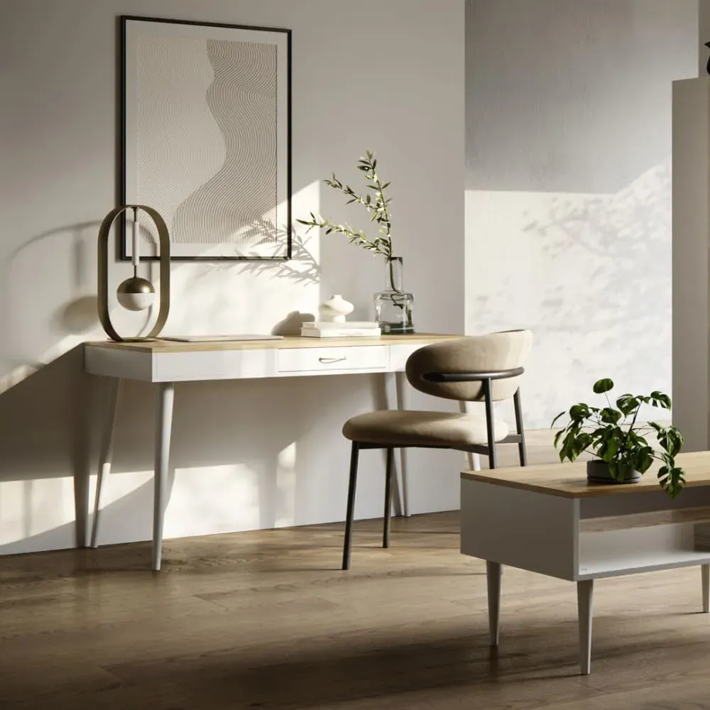 Illustration numéro 2 du produit Bureau 1 tiroir effet bois blanc et chêne naturel