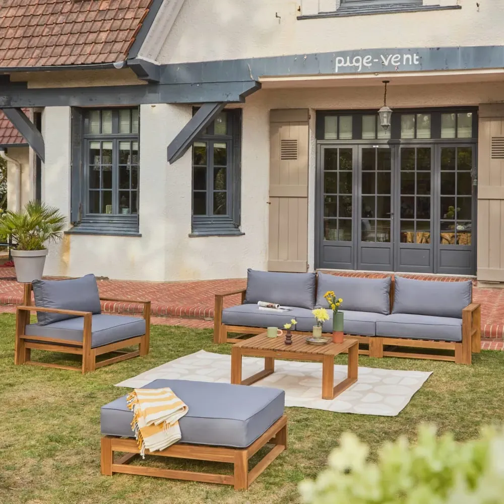 Illustration numéro 2 du produit Salon de jardin en bois 5 places avec coussins gris