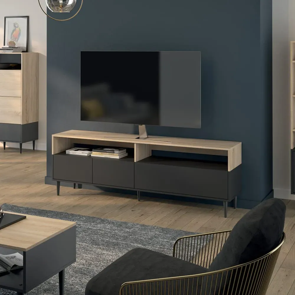 Illustration numéro 2 du produit Meuble TV 2 niches effet bois noir et chêne naturel