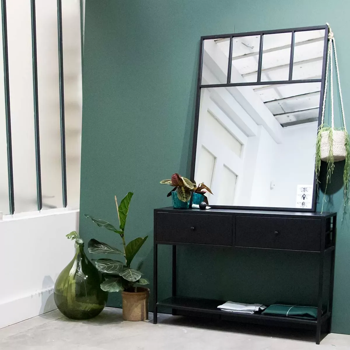 Illustration numéro 2 du produit Miroir verrière compartimenté métal noir 90x120