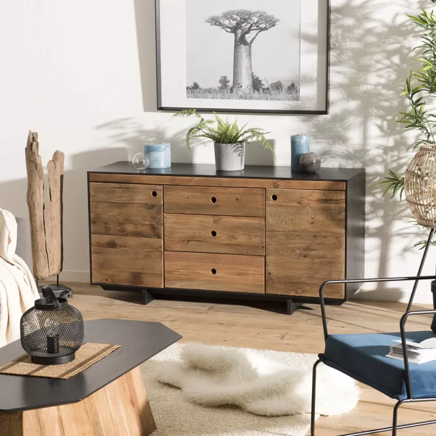 Illustration numéro 2 du produit Buffet 2 portes 3 tiroirs en pin recyclé naturel et noir