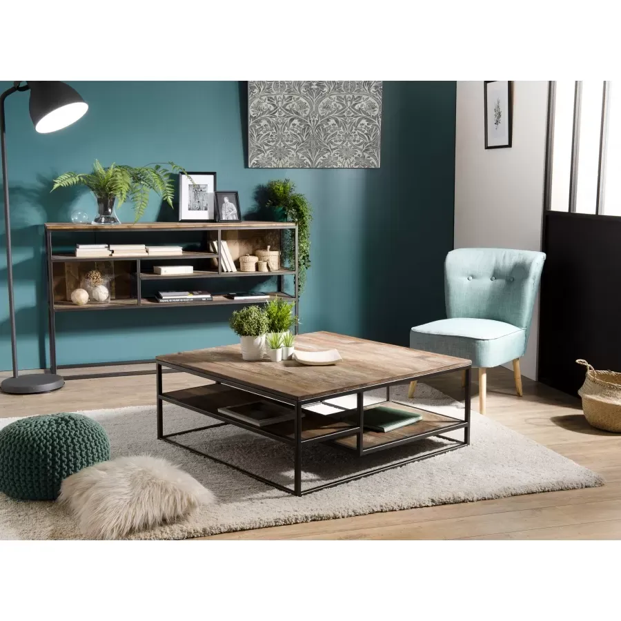 Illustration numéro 2 du produit Table basse carrée en teck recyclé acacia mahogany métal noir L100