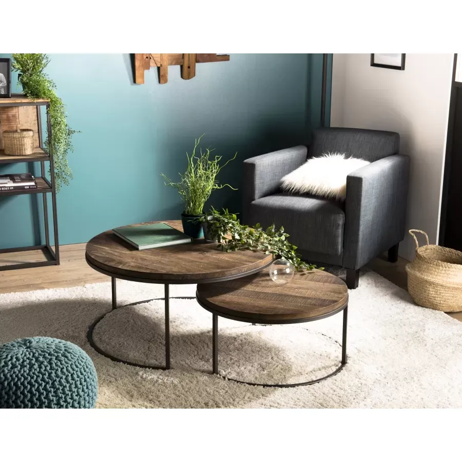 Illustration numéro 2 du produit Tables basses gigogne en teck recyclé acacia mahogany métal noir D80