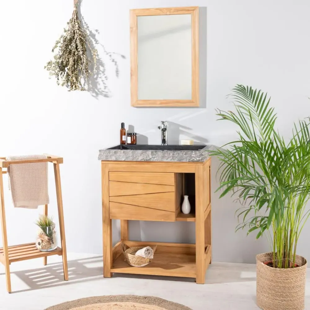 Illustration numéro 2 du produit Meuble sous vasque en teck et vasque marbre noir L67cm