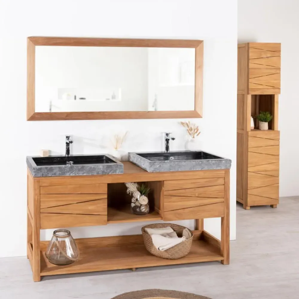 Illustration numéro 2 du produit Meuble double vasque en teck et 2 vasques noir L160cm