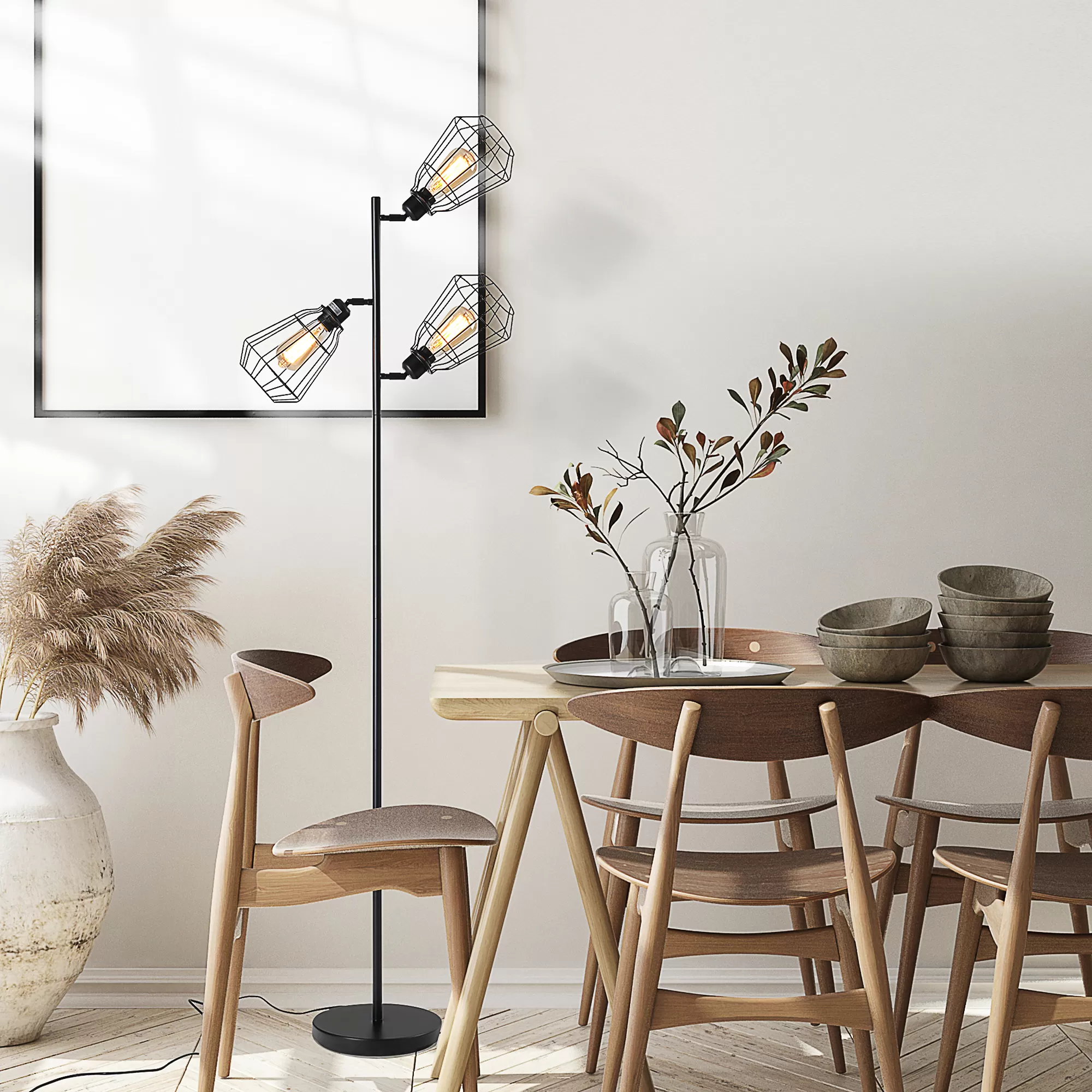 Illustration numéro 2 du produit Lampadaire design industriel 3 ampoules H165 cm noir