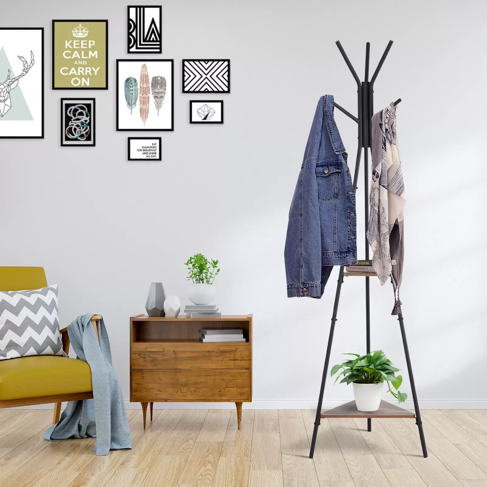 Illustration numéro 2 du produit Porte-manteau trépied style industriel branches + 2 étagères