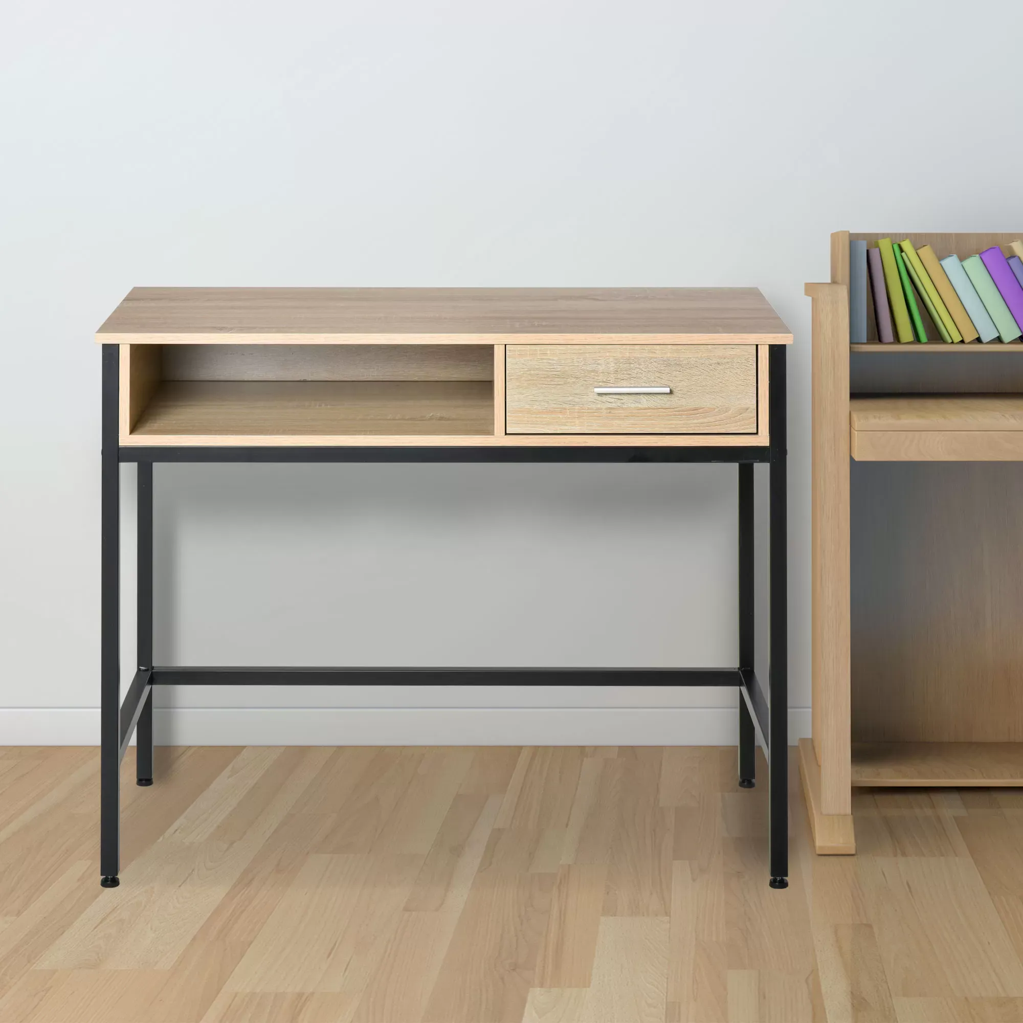 Illustration numéro 2 du produit Bureau style industriel casier tiroir métal noir aspect chêne clair