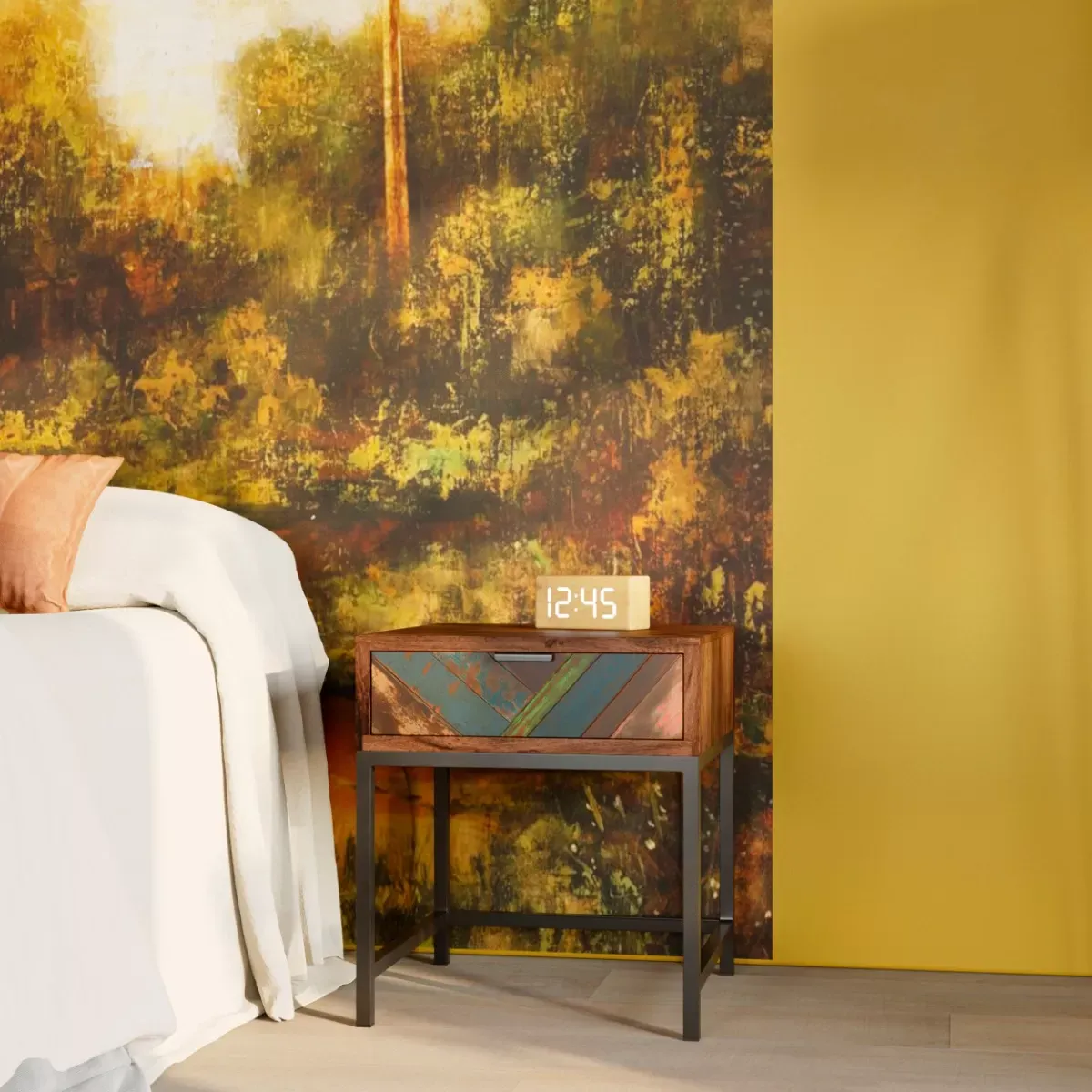 Illustration numéro 2 du produit Table de chevet 1 tiroir en bois d'acacia et bois recyclé