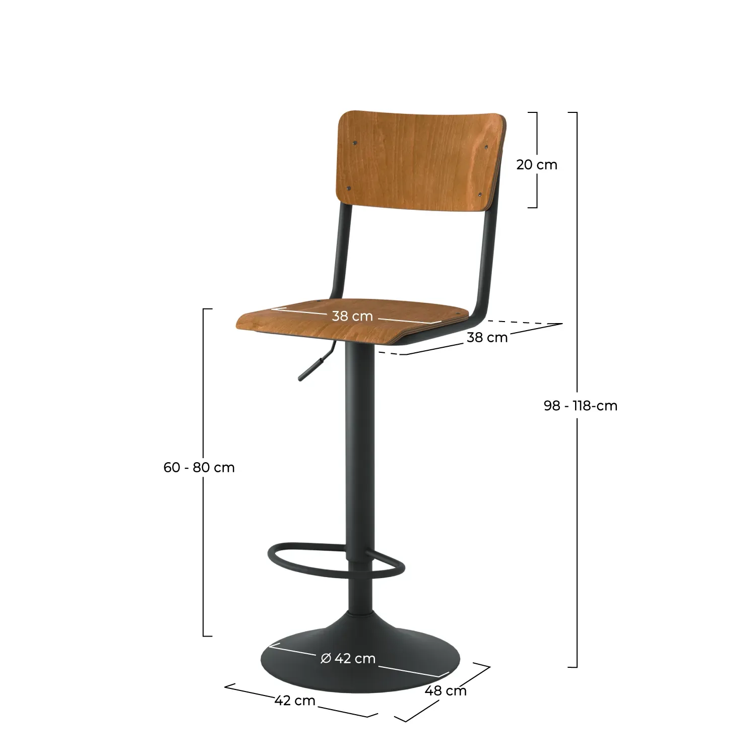 Illustration numéro 2 du produit Lot de 2 chaises de bar réglables 60/80 cm en bois foncé