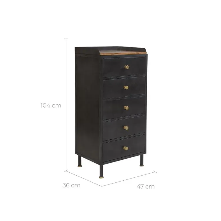 Illustration numéro 2 du produit Chiffonnier 5 tiroirs en métal gris métallisé et bois de manguier