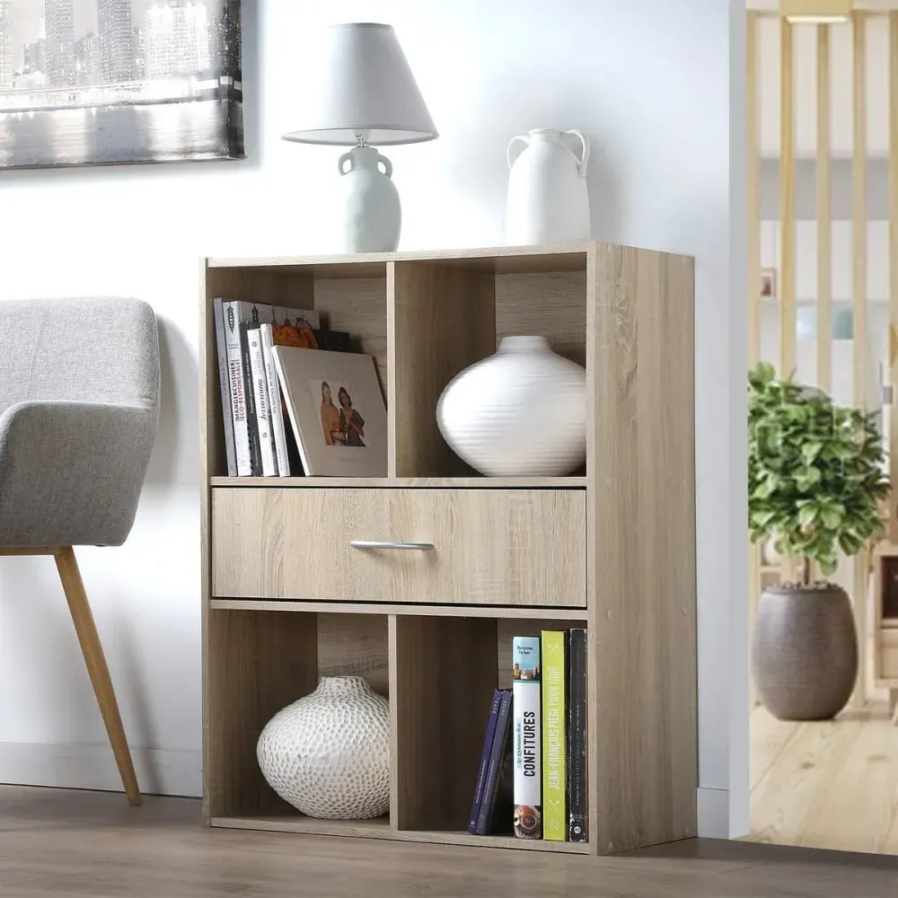 Illustration numéro 2 du produit Etagère de rangement 4 casiers avec un tiroir - Effet Bois clair