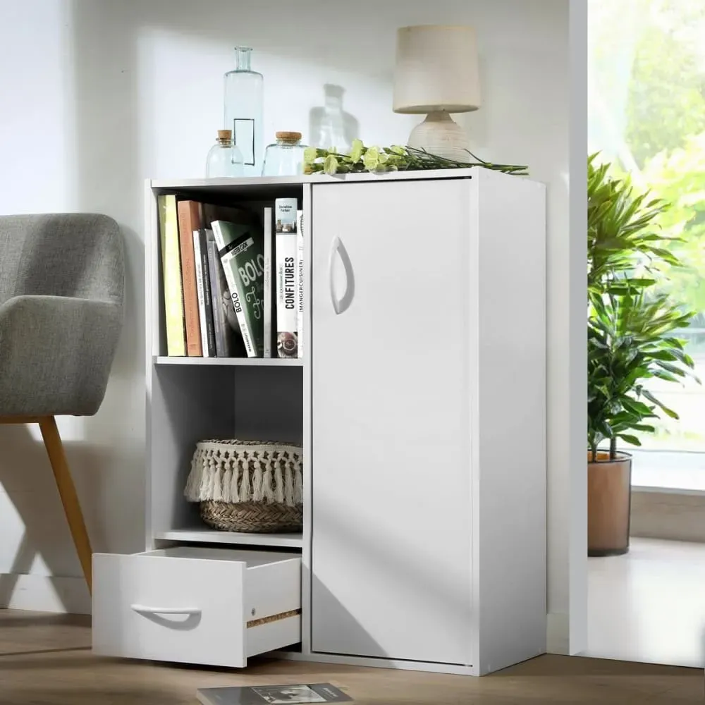 Illustration numéro 2 du produit Étagère de rangement 2 cases 1 tiroir 1 porte effet bois - L62 x H80cm