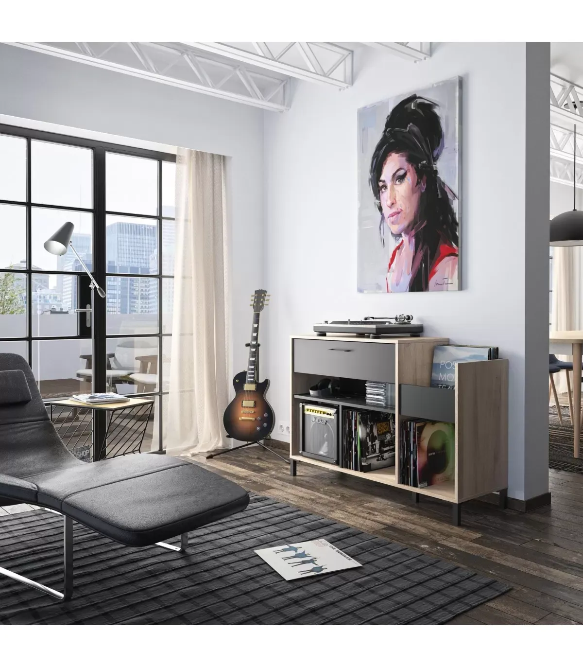 Illustration numéro 2 du produit Meuble de rangement vinyles 1 tiroir style industriel - Marron et noir