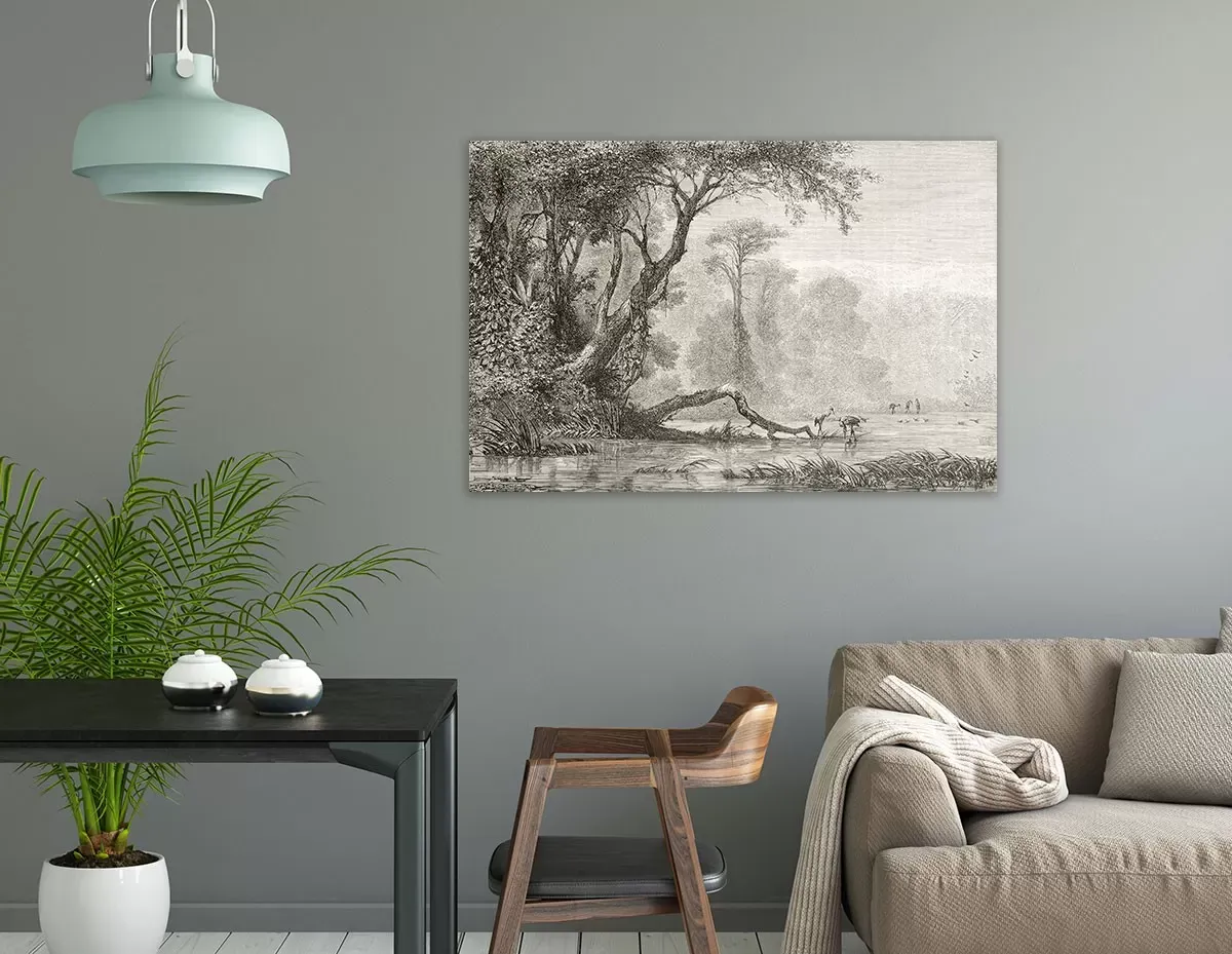 Illustration numéro 2 du produit Tableau gravure les bords du fleuve imprimé sur toile 90x60 cm