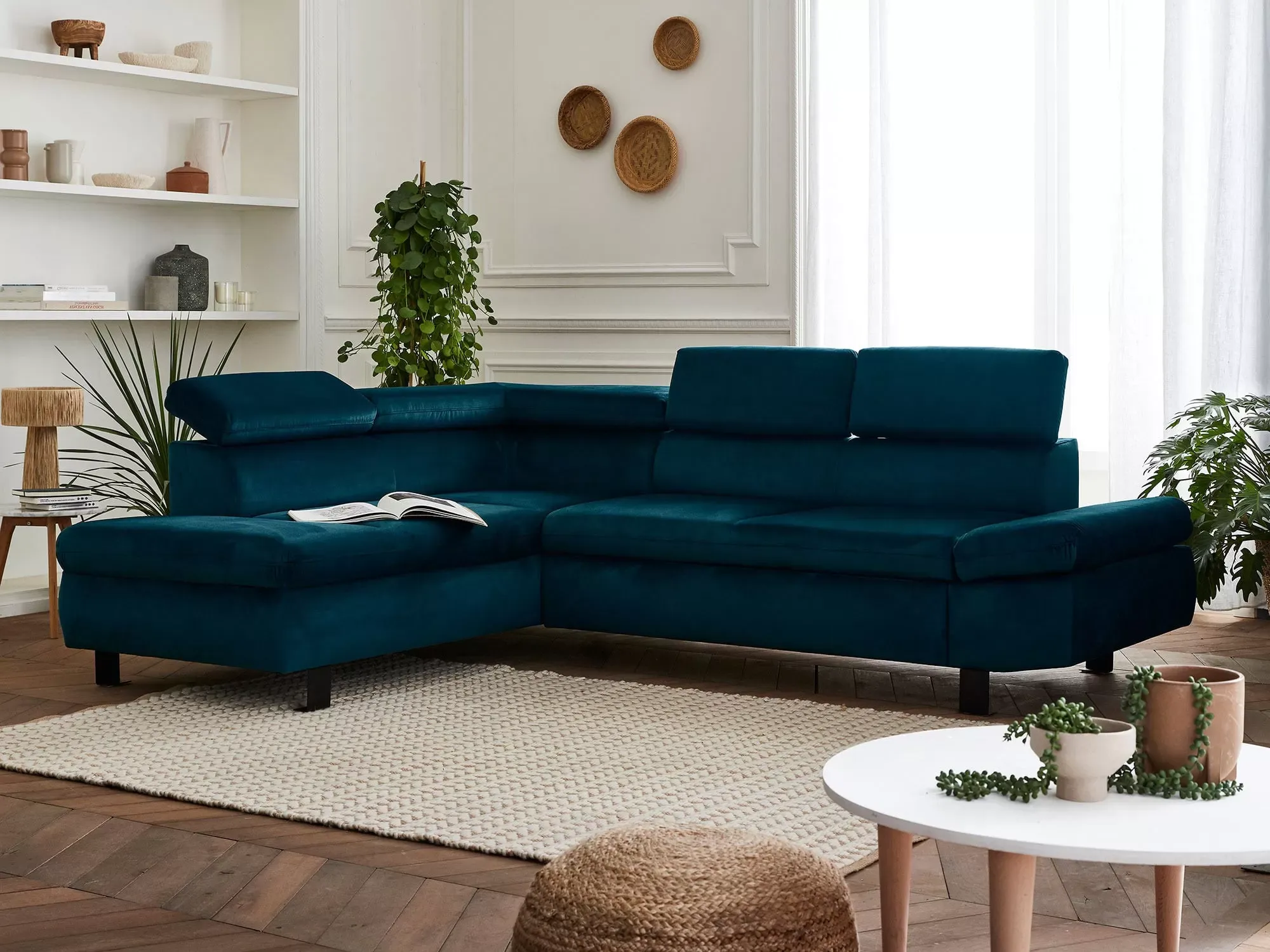 Illustration numéro 2 du produit Canapé d'angle gauche convertible 5 places en velours bleu canard