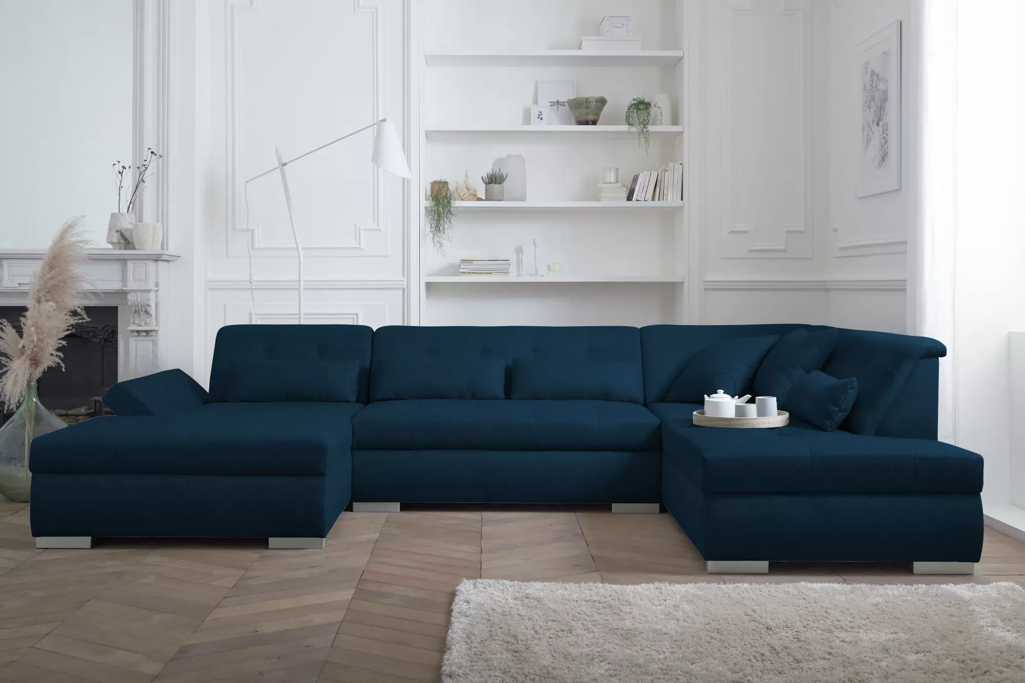 Illustration numéro 2 du produit Canapé panoramique 7 places Angle droit en Tissu Bleu pétrole