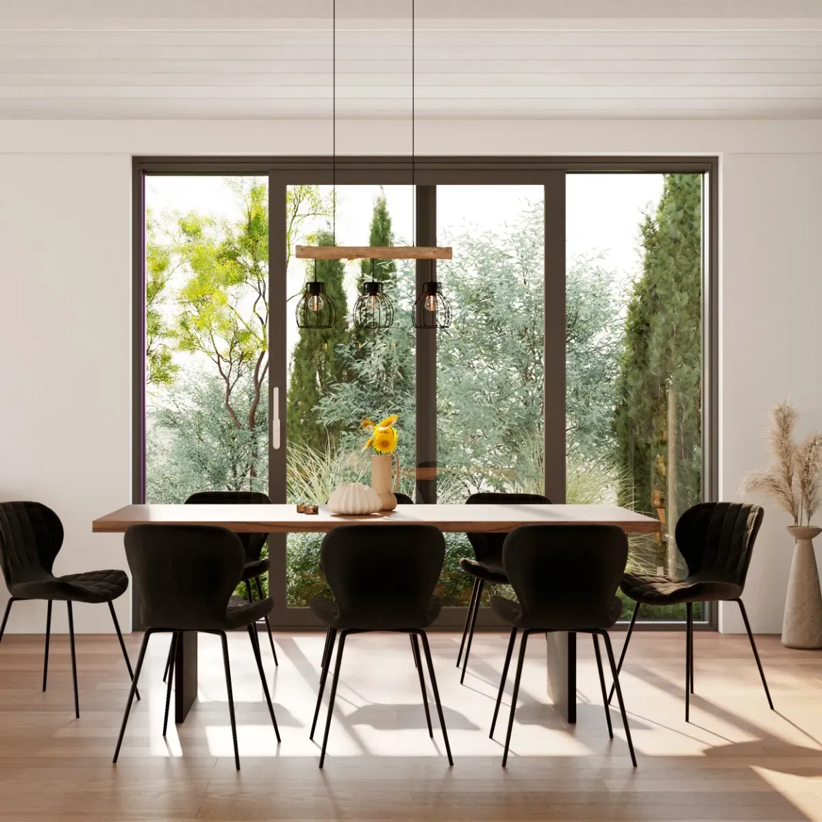 Illustration numéro 2 du produit Suspension 3 lampes en bois d'eucalyptus et métal noir