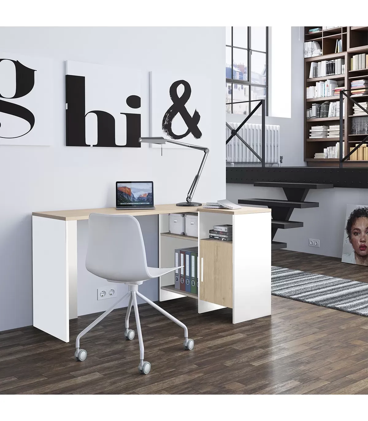 Illustration numéro 2 du produit Bureau d'angle industriel avec 3 niches et 1 porte - Blanc