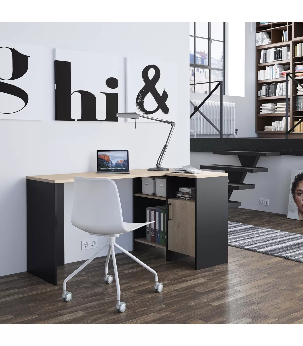 Illustration numéro 2 du produit Bureau d'angle industriel avec 3 niches et 1 porte - Noir