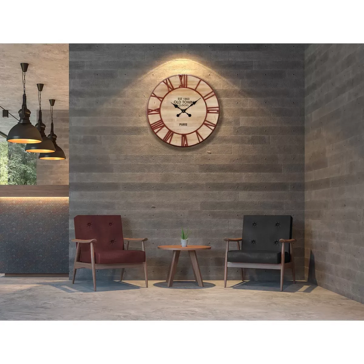 Illustration numéro 2 du produit Horloge ronde en bois et métal rouillé 70cm