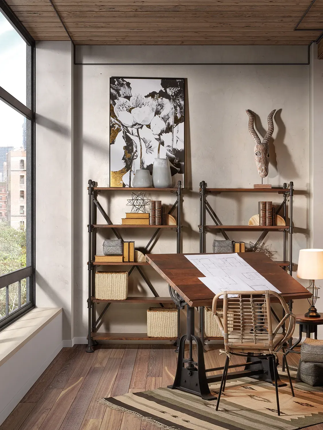 Illustration numéro 2 du produit Table en bois marron et métal noir L 130 cm