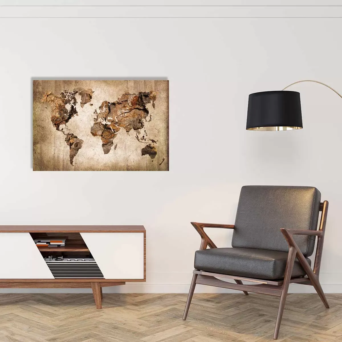 Illustration numéro 2 du produit Tableau carte du monde effet bois imprimé sur toile 90x60 cm