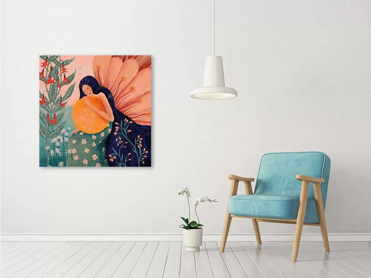 Illustration numéro 2 du produit Tableau princesse aux fleurs imprimé sur toile 80x80 cm