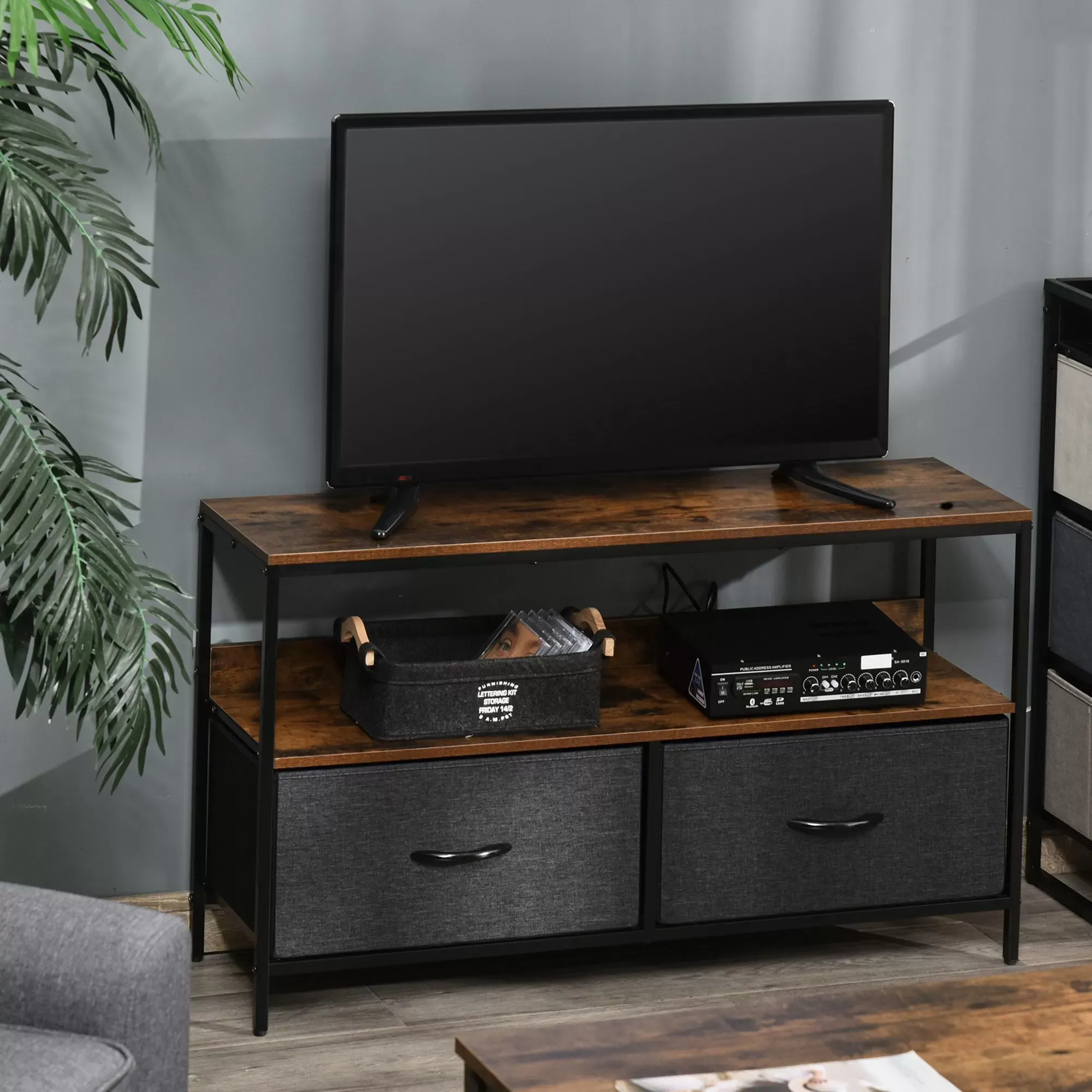 Illustration numéro 2 du produit Meuble TV industriel 2 tiroirs tissu gris acier MDF noir bois vieilli
