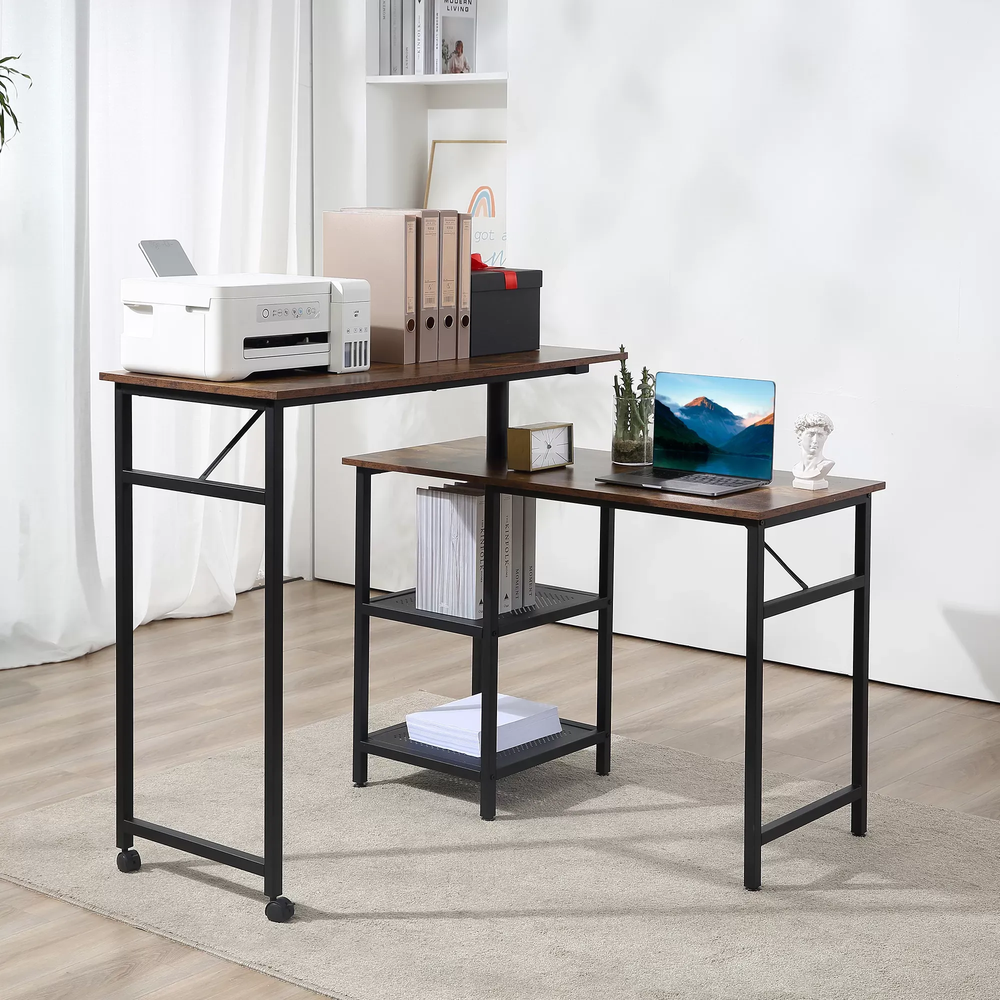 Illustration numéro 2 du produit Bureau industriel d'angle modulable 2 étagères aspect bois métal noir