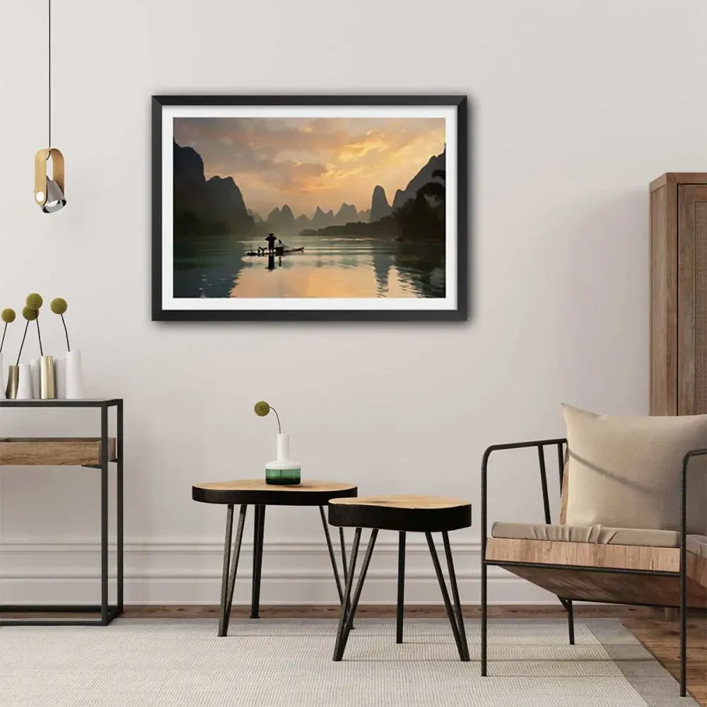 Illustration numéro 2 du produit Affiche paysage baie d' halong avec cadre noir 90x60 cm