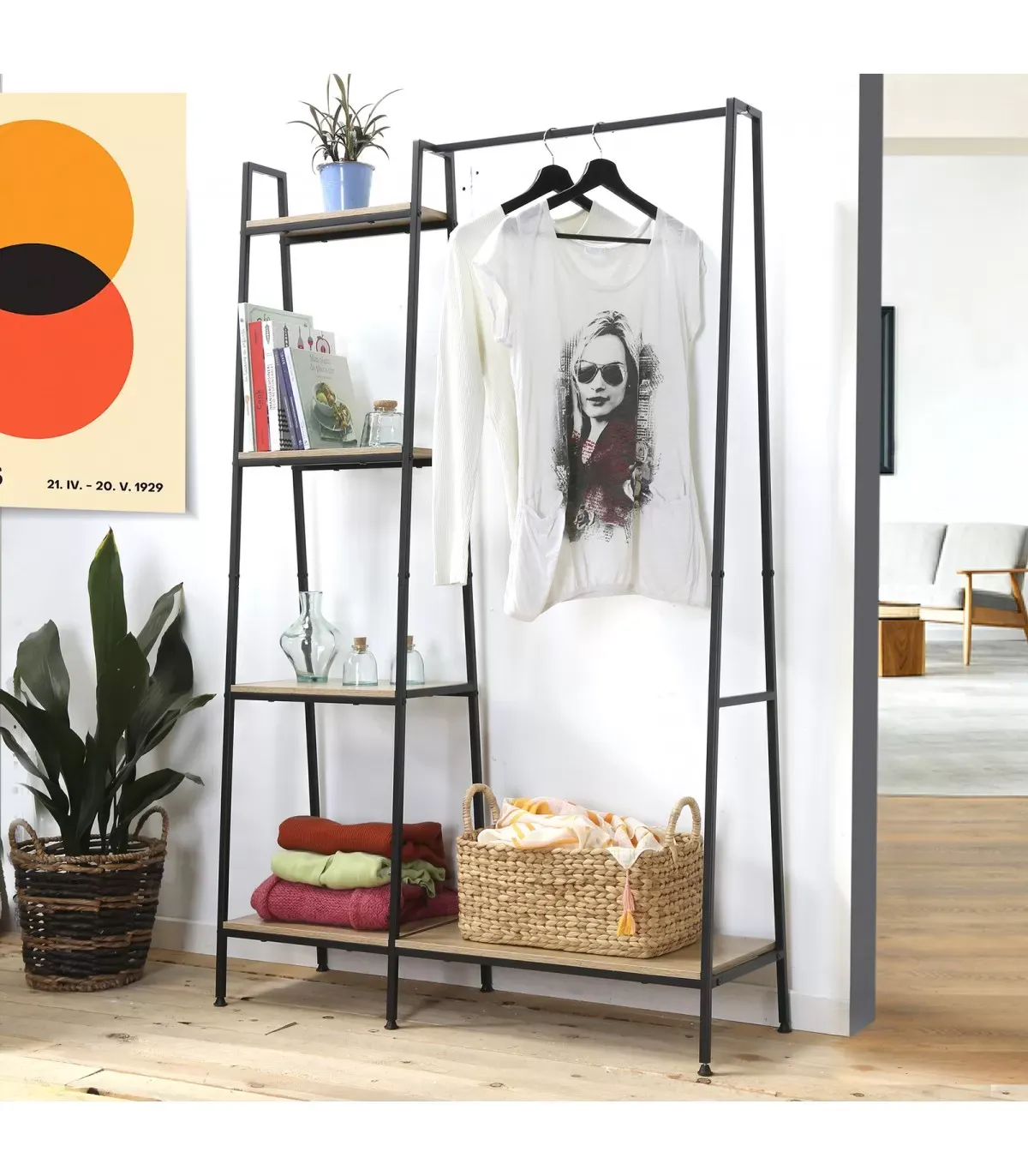 Illustration numéro 2 du produit Penderie Industrielle 1 Tablette Basse avec 4 Étagères - Effet Bois