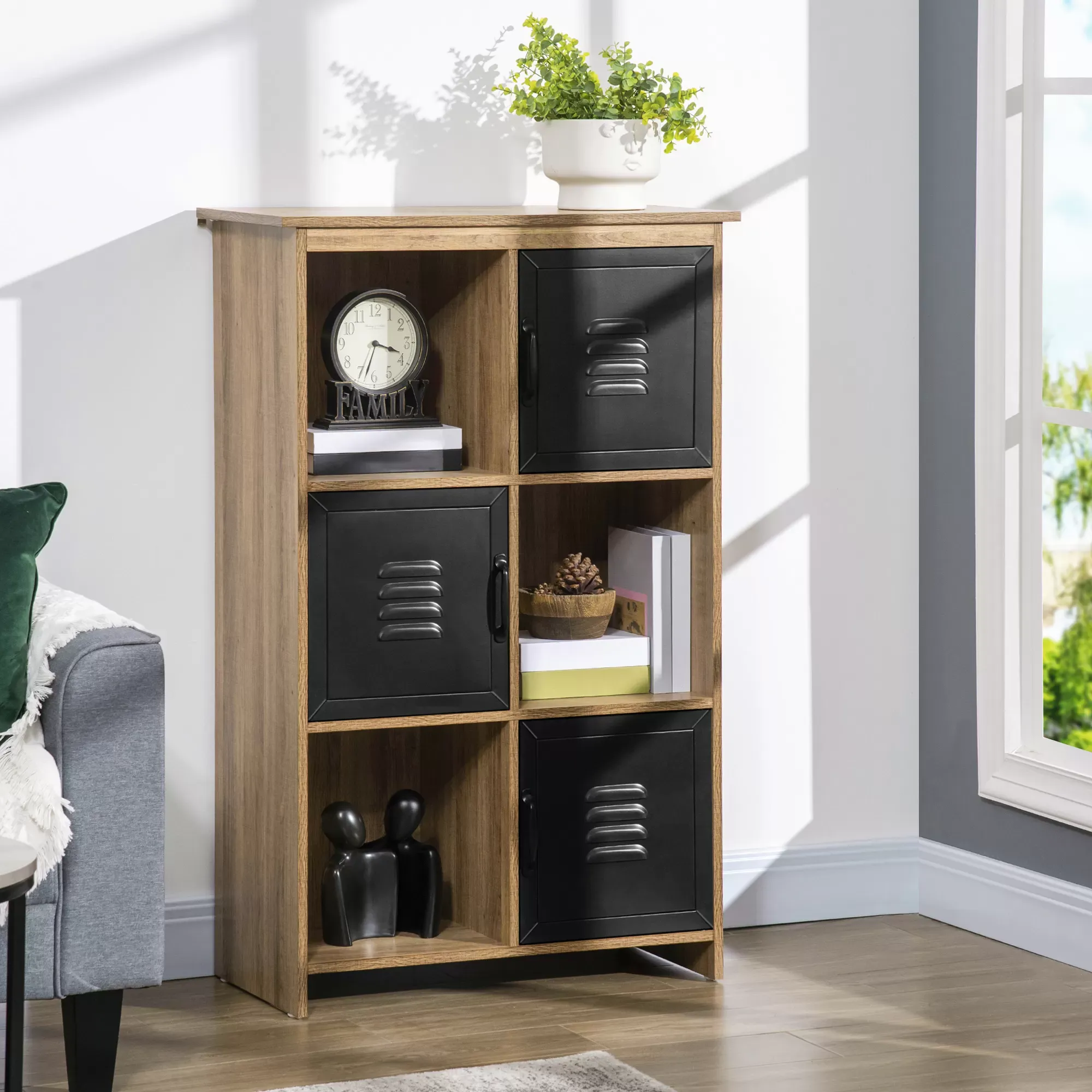 Illustration numéro 2 du produit Bibliothèque industrielle 3 niches 3 casiers aspect bois métal noir