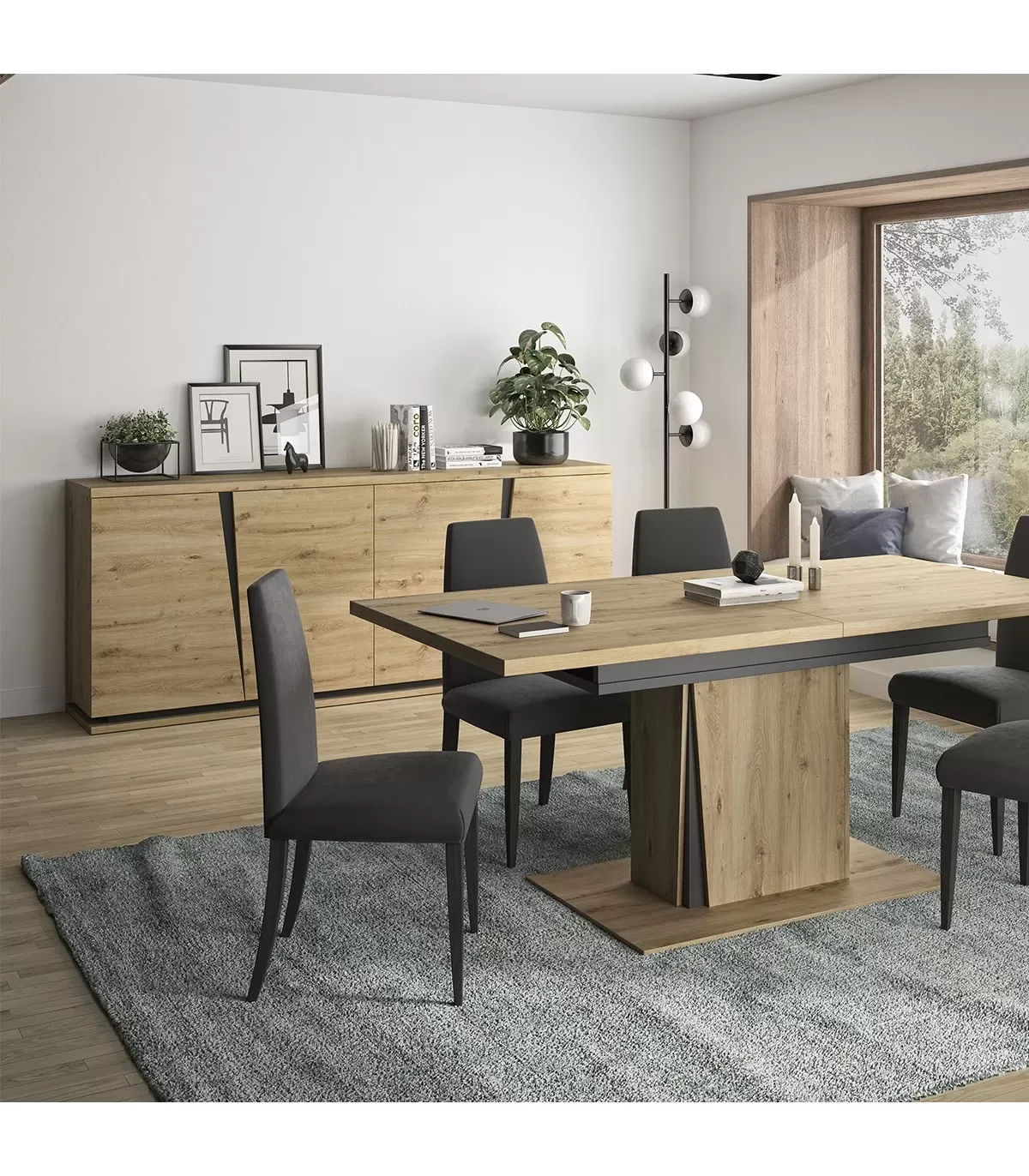 Illustration numéro 2 du produit Buffet 4 Portes L 221 cm - Décor chêne et noir