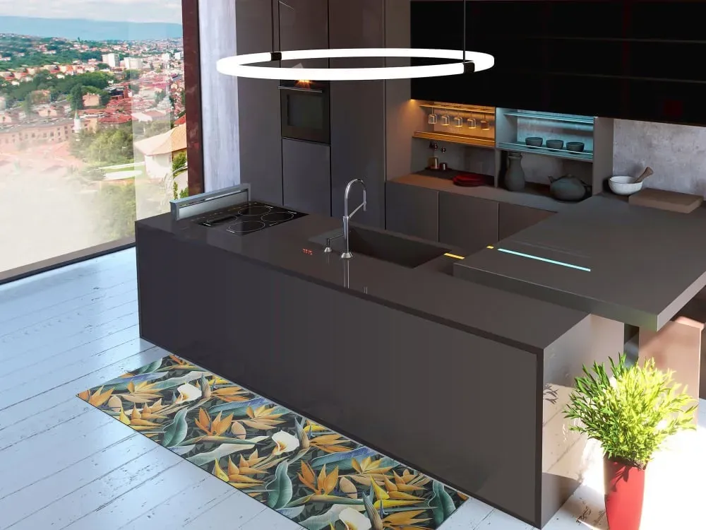 Illustration numéro 2 du produit Tapis de cuisine lavable feuilles jaune/bleu/vert 52x200 cm