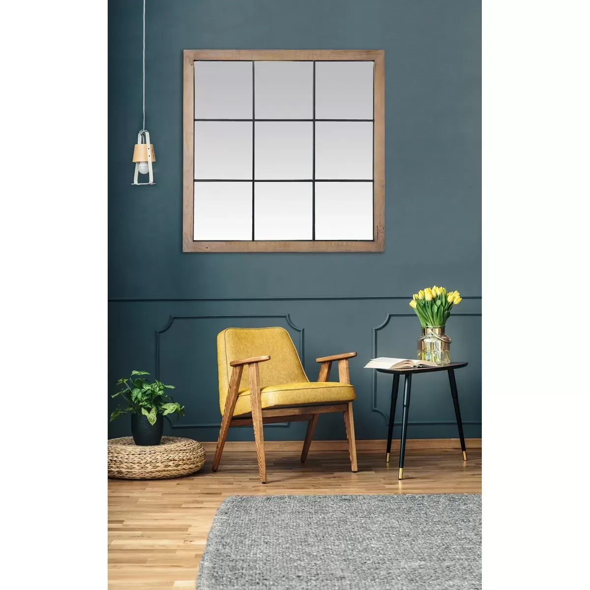 Illustration numéro 2 du produit Miroir industriel carré effet fenêtre 9 vues 100x100cm