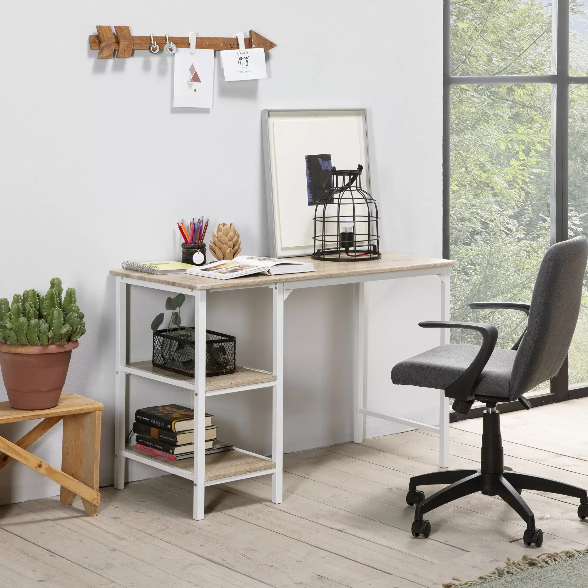 Illustration numéro 2 du produit Bureau blanc, 2 étagères, style industriel, 110x55x76 cm