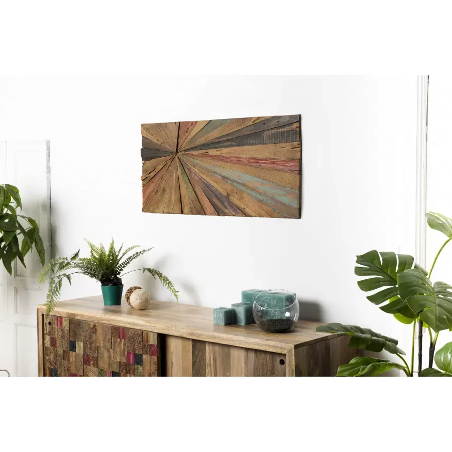 Illustration numéro 2 du produit Décoration murale rectangulaire en teck recyclé multicolore 100x45cm