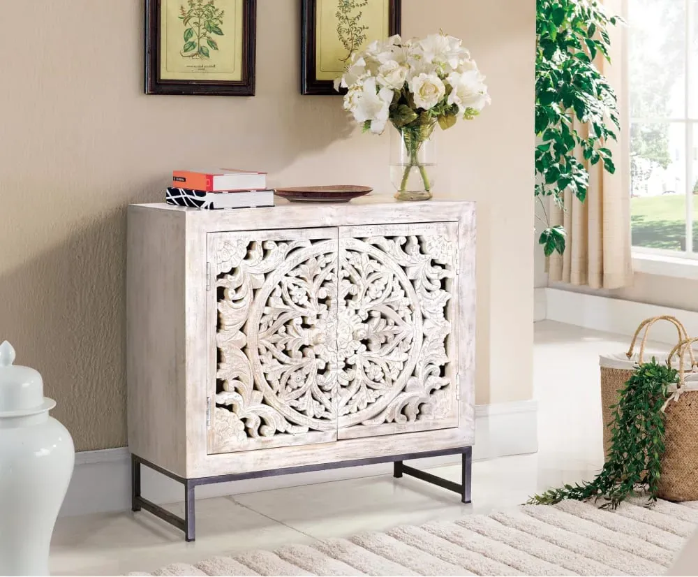 Illustration numéro 2 du produit Buffet en manguier pieds en métal blanc et gris vieilli